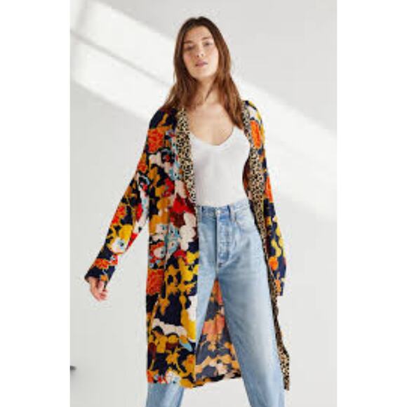 Free People Wild Nights Duster Womens M kimono floral cheetah Dopamine - Picture 1 of 10